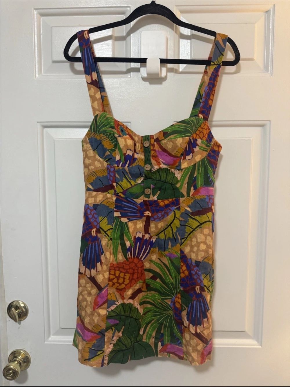 Farm Rio Sand Painted Toucans Mini Dress Linen Size Medium